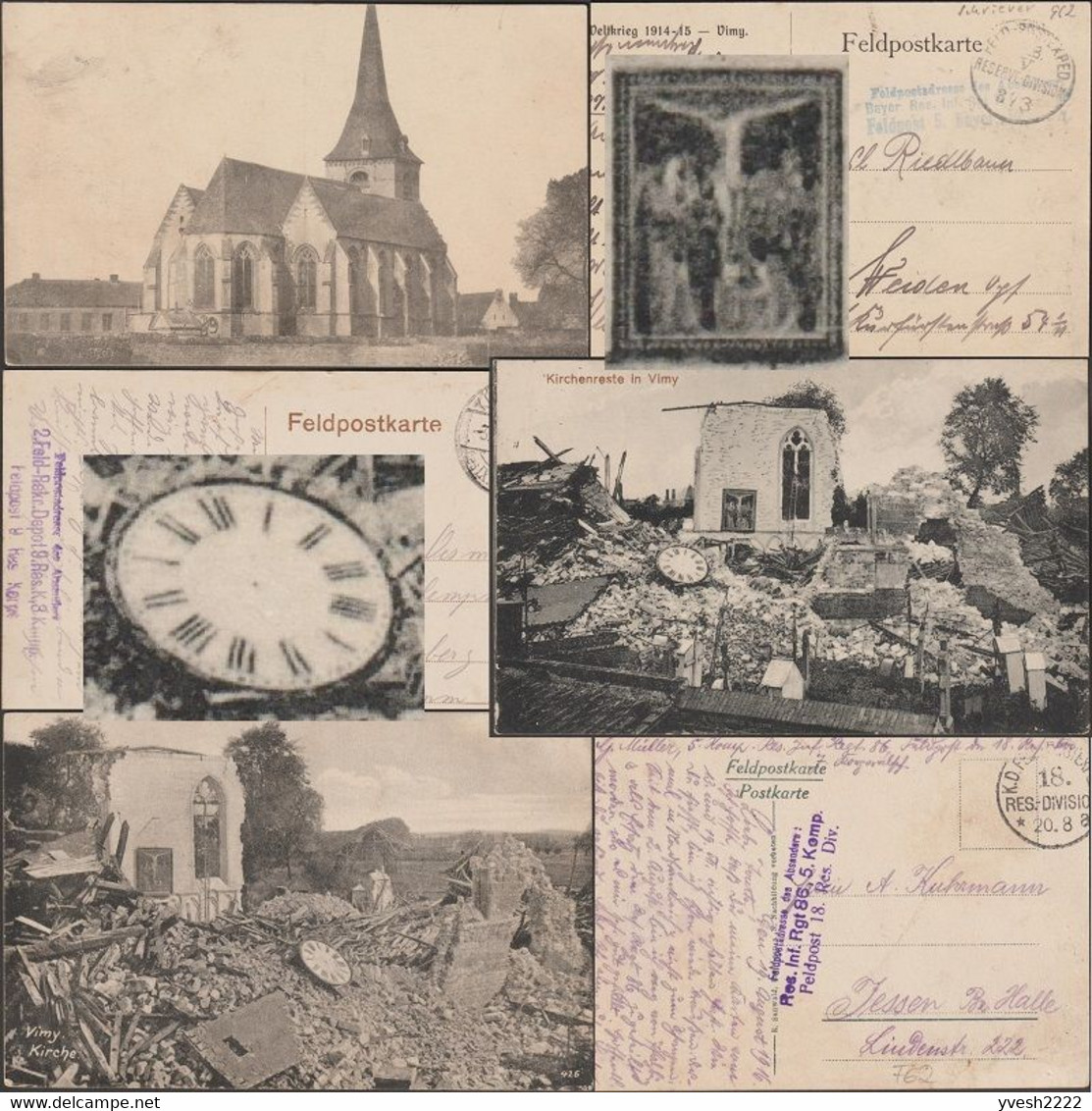 Allemagne 1916. 3 Cartes De Franchise Militaire. Vimy, Pas-de-Calais. Destruction D'église. Mais Le Christ Ne Meurt Pas - Horlogerie