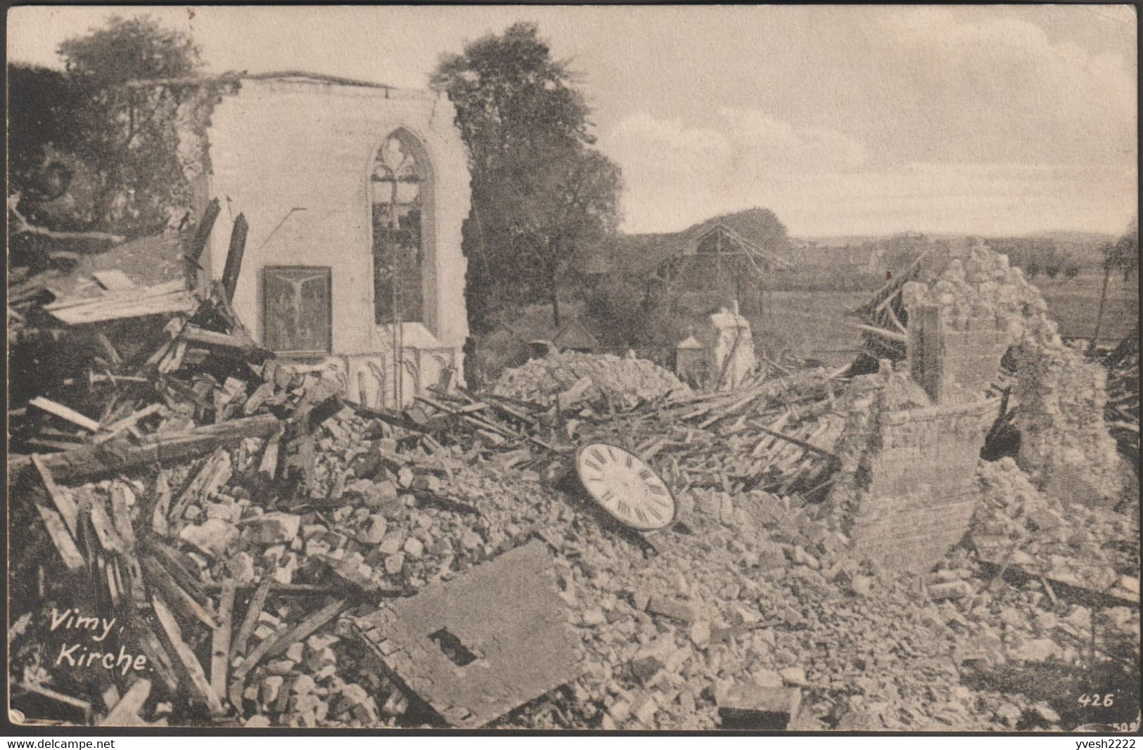 Allemagne 1916. 3 cartes de franchise militaire. Vimy, Pas-de-Calais. Destruction d'église. Mais le Christ ne meurt pas