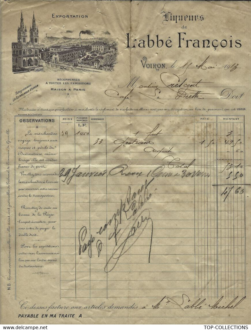1913 ALCOOL DISTILLERIE LIQUEURS DE L’Abbé François VOIRON (Isère) B.E.V.SCANS - 1900 – 1949