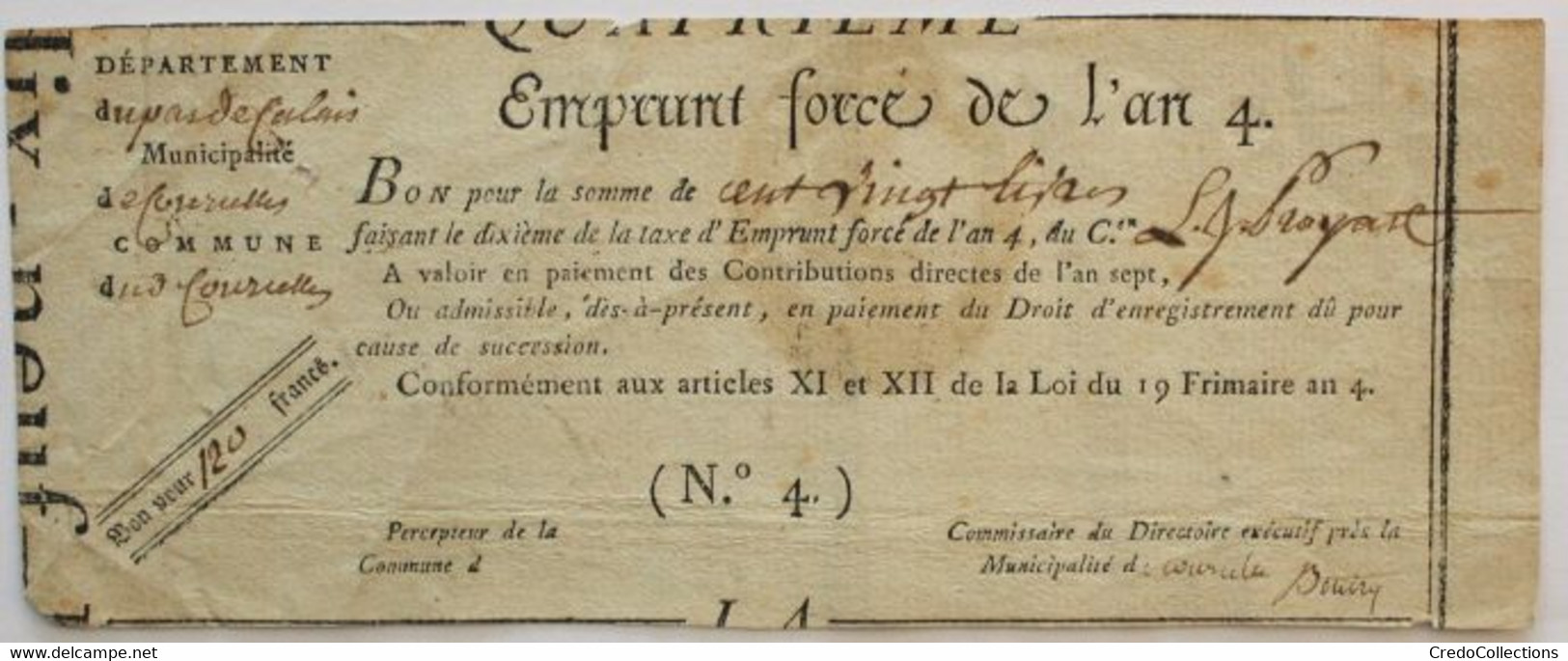 France - 120 Francs - Emprunt Forcé De L'an 4 - TTB+ - Assignats & Mandats Territoriaux