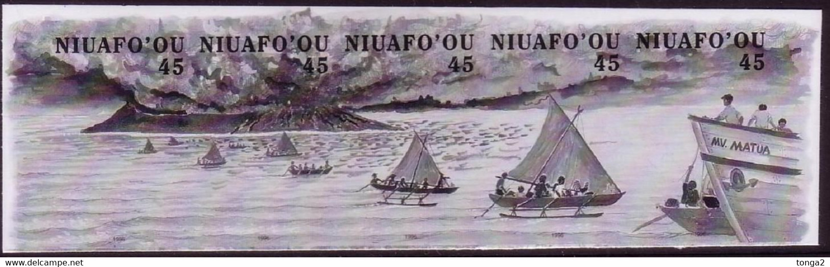 Tonga Niuafo'ou 1996 Proof Strip Showing Volcano Eruption On Tin Can Mail Island In 1946 - Volcans