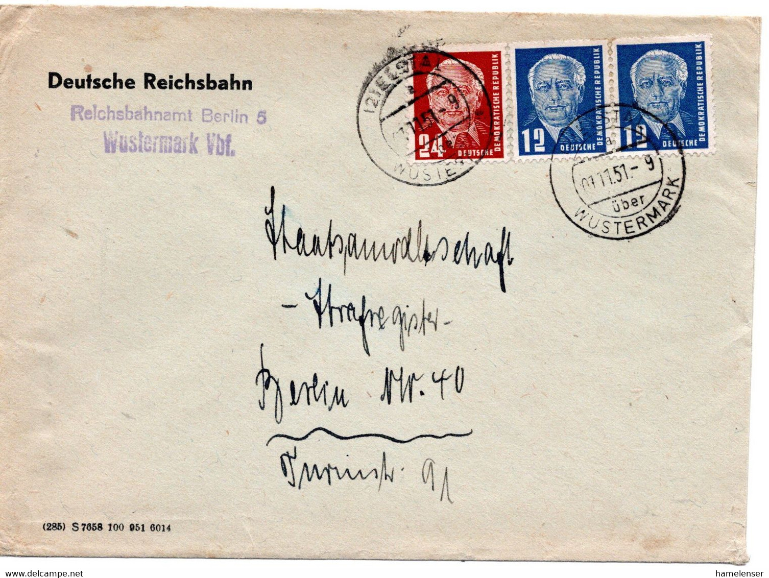 62721 - DDR - 1951 - 24Pfg Pieck MiF A Bf ELSTAL -> Berlin, Abs Reichsbahnamt Berlin 5 - Covers & Documents