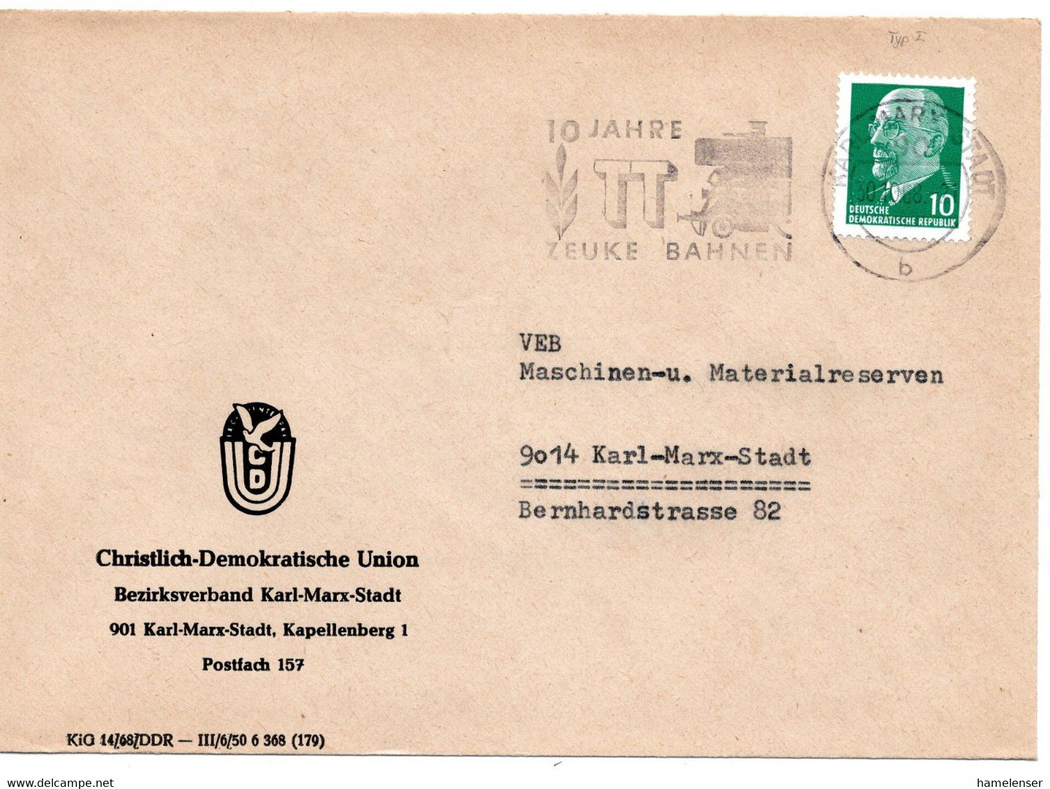 62731 - DDR - 1968 - 10Pfg Ulbricht EF A OrtsBf KARL-MARX-STADT - 10 JAHRE TT ZEUKE BAHNEN - Otros & Sin Clasificación