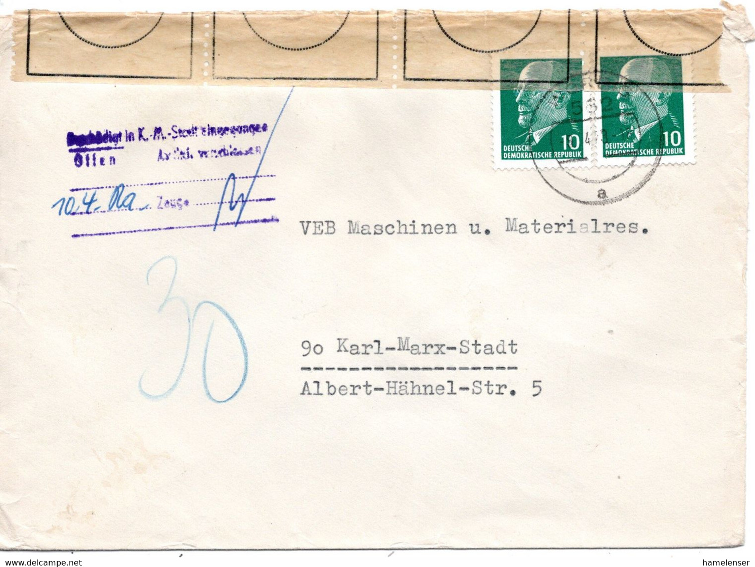 62733 - DDR - 1973 - 2@10Pfg Ulbricht A Bf WORBIS -> Karl-Marx-Stadt, M VerschlussSiegel & Stpl "Beschaedigt ..." - Covers & Documents