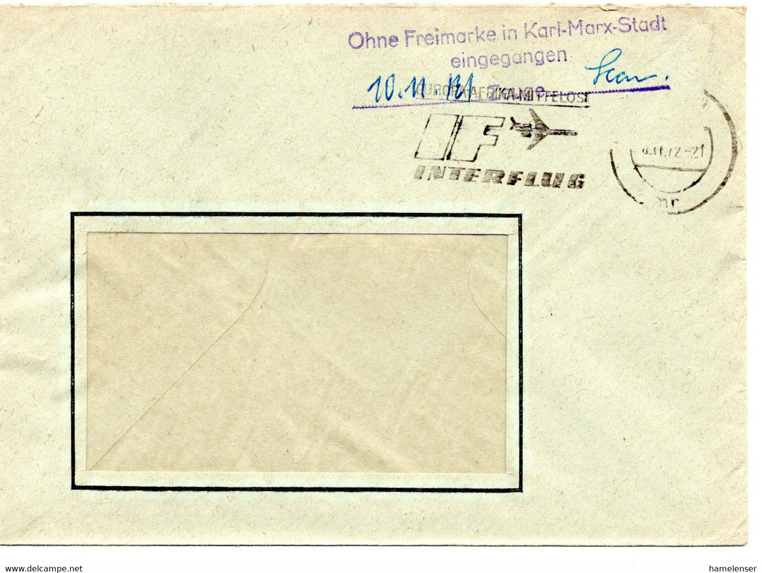 62734 - DDR - 1972 - Bf O Mke -> Karl-Marx-Stadt, M Stpl "Ohne Freimarke In Karl-Marx-Stadt Eingegangen" - Cartas & Documentos