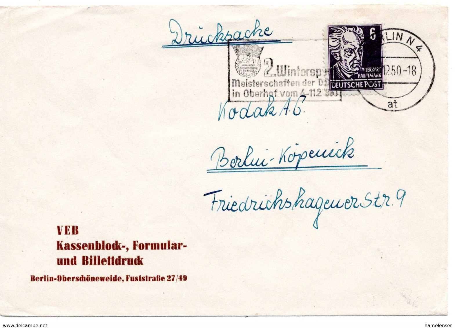 62736 - DDR - 1950 - 6Pfg Hauptmann EF A DrucksBf BERLIN - 2, WINTERSPORT-MEISTERSCHAFTEN DER DDR ... -> Berlin - Hiver