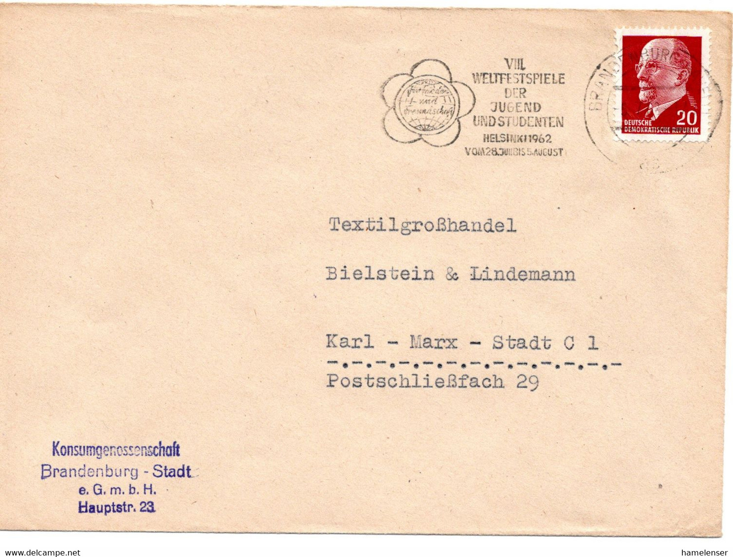 62738 - DDR - 1962 - 20Pfg Ulbricht EF A Bf BRANDENBURG - VIII.WELTFESTSPIELE DER JUGEND ... -> Karl-Marx-Stadt - Briefe U. Dokumente