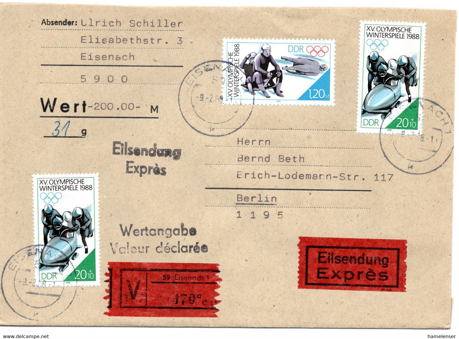 62747 - DDR - 1989 - 1,20M Winterolympiade '88 MiF A W-EilBf (31g/200DM) EISENACH -> Berlin - Invierno 1988: Calgary