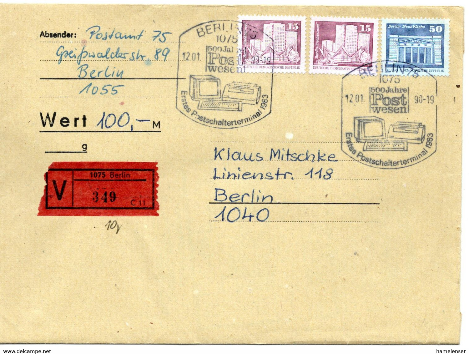 62750 - DDR - 1990 - 50Pfg Kl.Bauten MiF A W-Bf (10g/100M) M SoStpl BERLIN - 500 JAHRE POSTWESEN ... -> Berlin - Poste