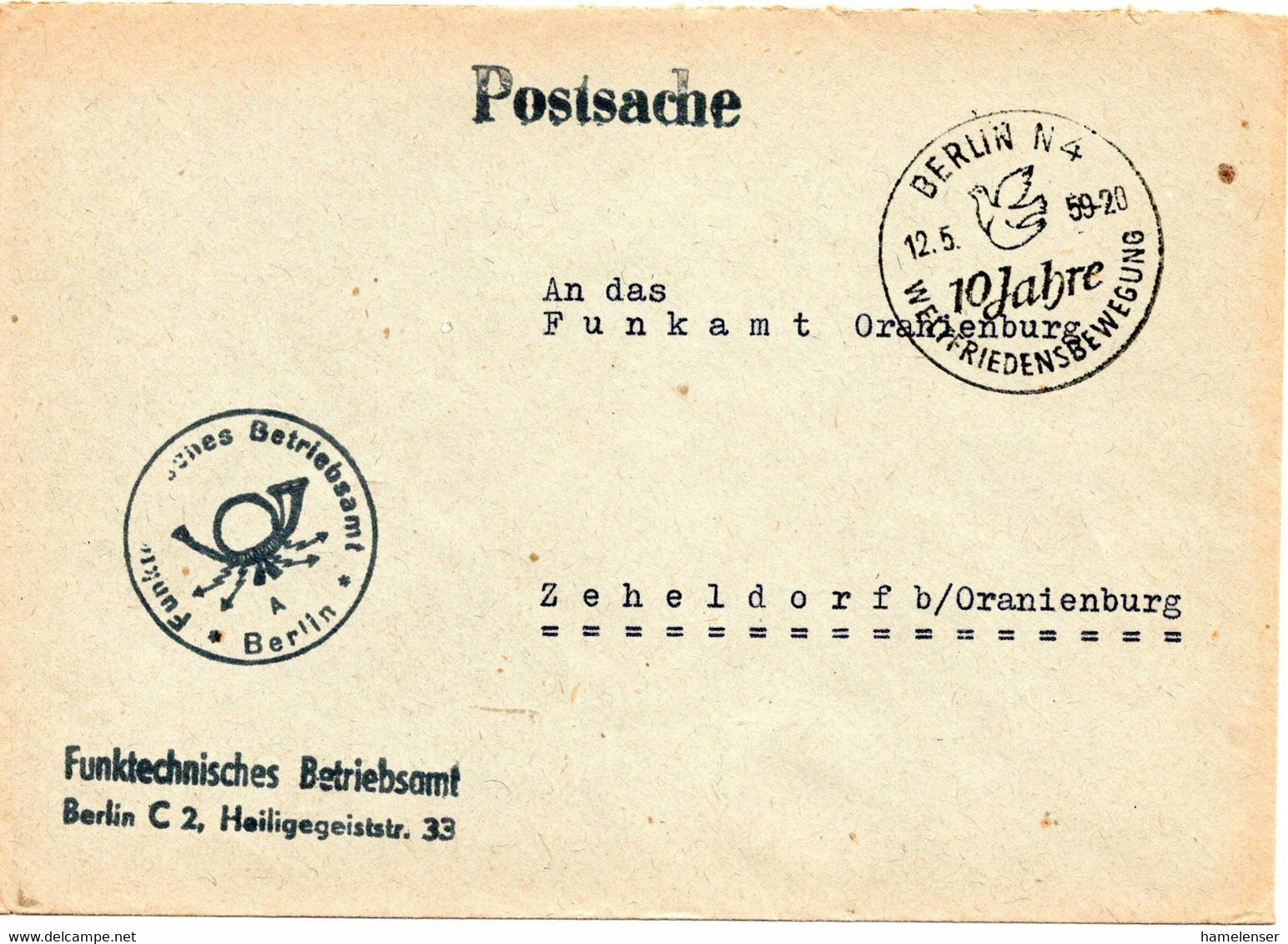 62755 - DDR - 1959 - "Postsache"-Bf BERLIN - 10 JAHRE WELTFRIEDENSBEWEGUNG -> Zeheldorf - Lettres & Documents