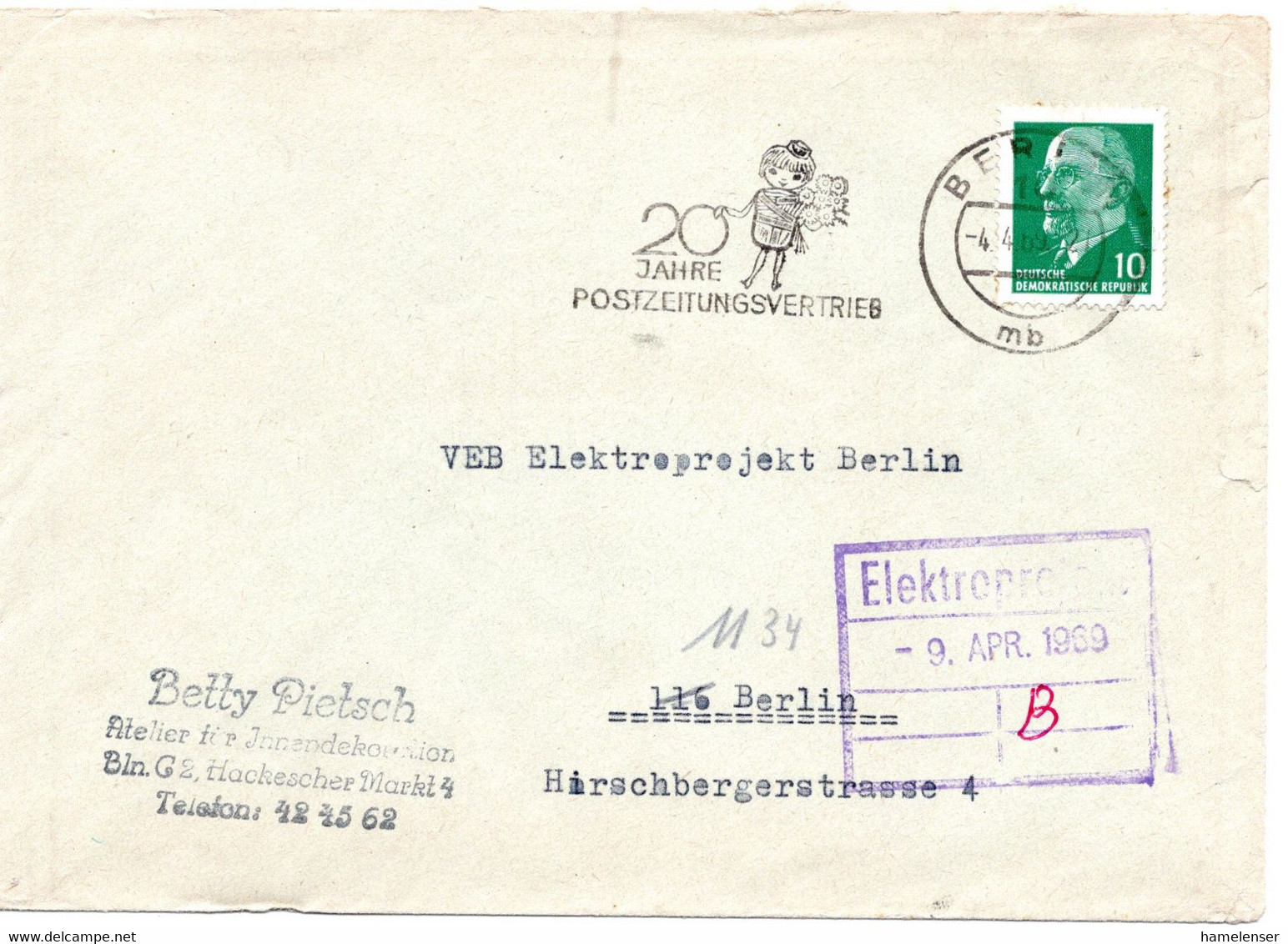 62757 - DDR - 1969 - 10Pfg Ulbricht EF A OrtsBf BERLIN - 20 JAHRE POSTZEITUNGSVERTRIEB - Storia Postale
