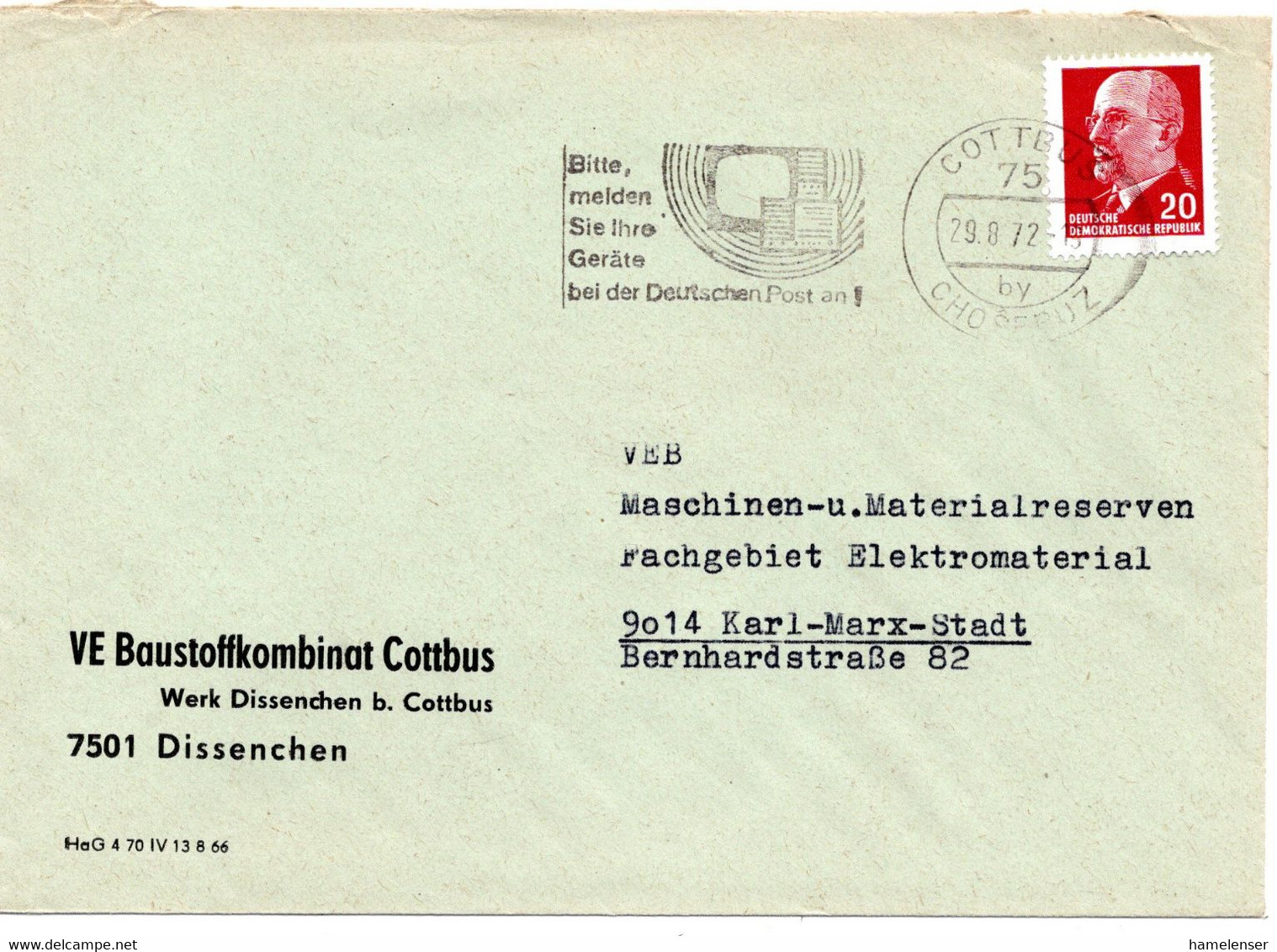 62760 - DDR - 1972 - 20Pfg Ulbricht EF A Bf COTTBUS - BITTE MELDEN SIE IHRE GERAETE ... -> Karl-Marx-Stadt - Covers & Documents