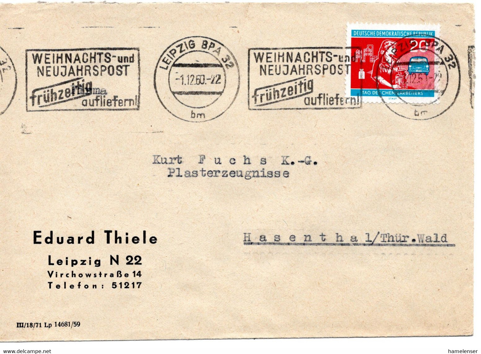 62762 - DDR - 1960 - 20Pfg Tag Des Chemiearbeiters EF A Bf LEIPZIG - ... -> Hasenthal - Chimica
