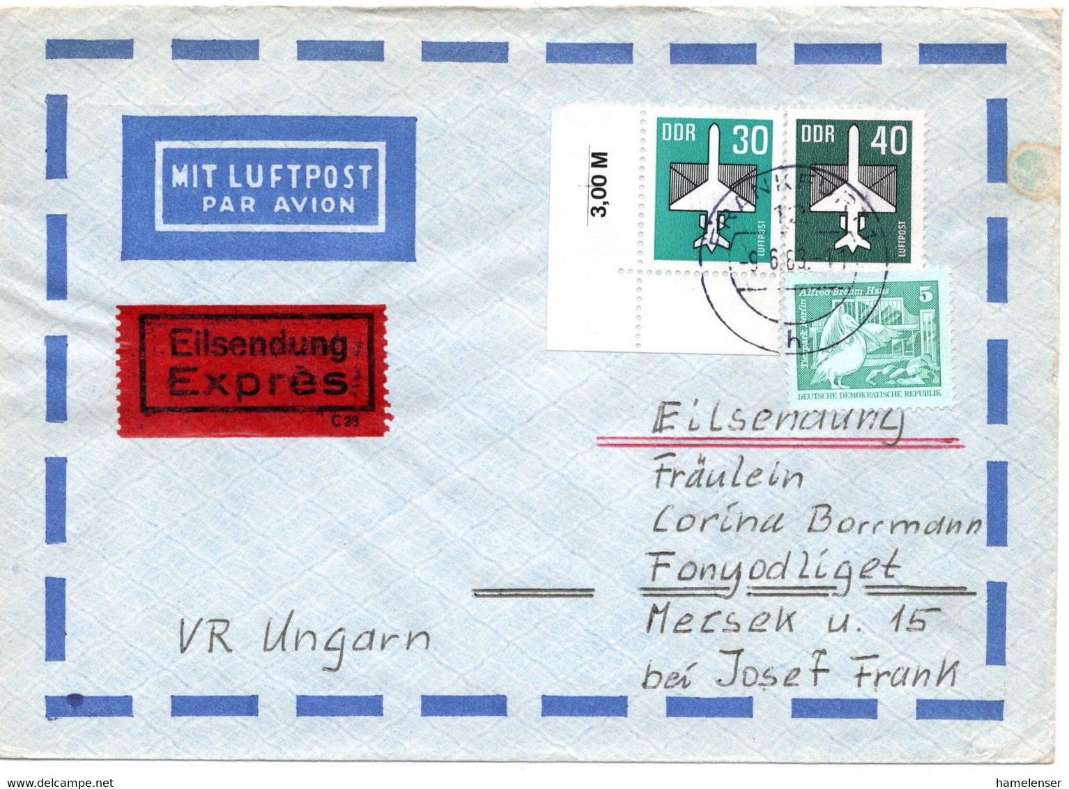 62763 - DDR - 1983 - 40Pfg Luftpost MiF A LpEilBf FRANKFURT -> FONYOD (Ungarn) - Covers & Documents