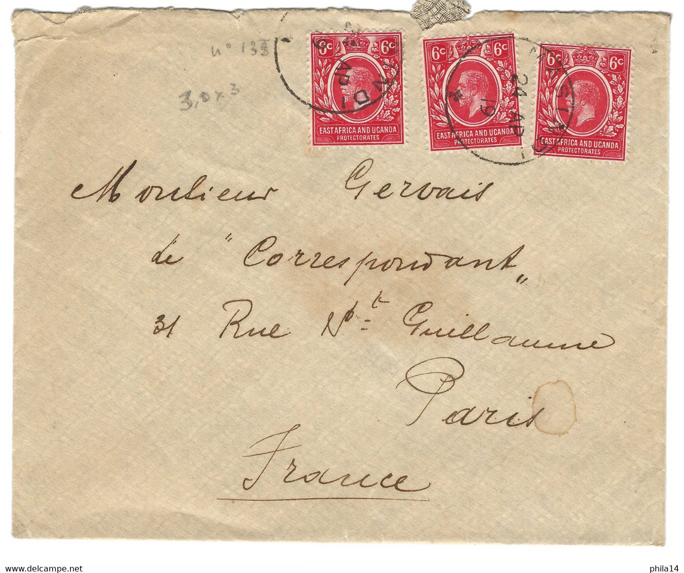 ENVELOPPE EAST AFRICA AND UGANDA / MASINDI  1919 POUR PARIS FRANCE - Ouganda (...-1962)