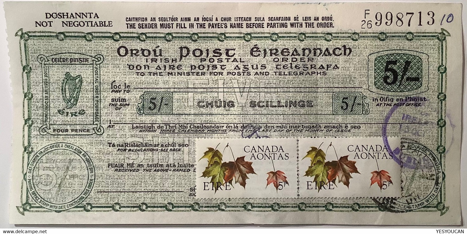 Ireland RARE "Irish Postal Order" 5s COCIARRANGE+DUBLIN1967  (postal Note Stationery Money Irlande Bon Tree Leaves - Postwaardestukken