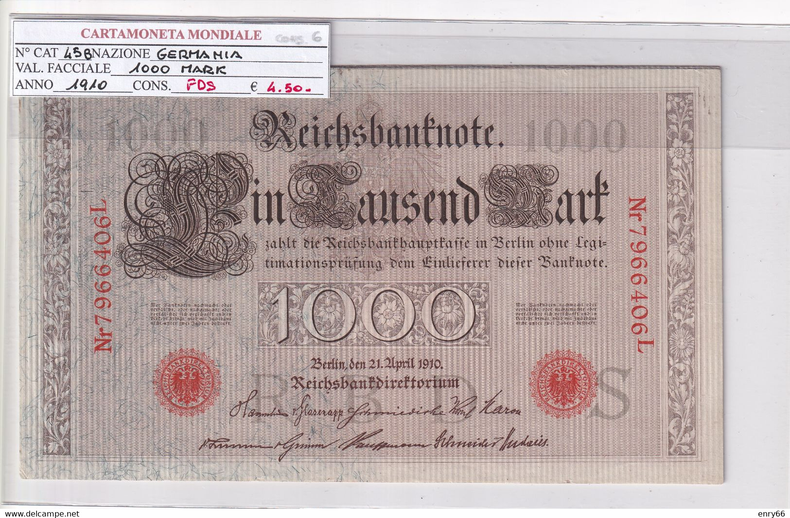 GERMANIA IMPERO 1000 MARK 1910 P 45B CONSECUTIVE 7966401L/406L - 1000 Mark