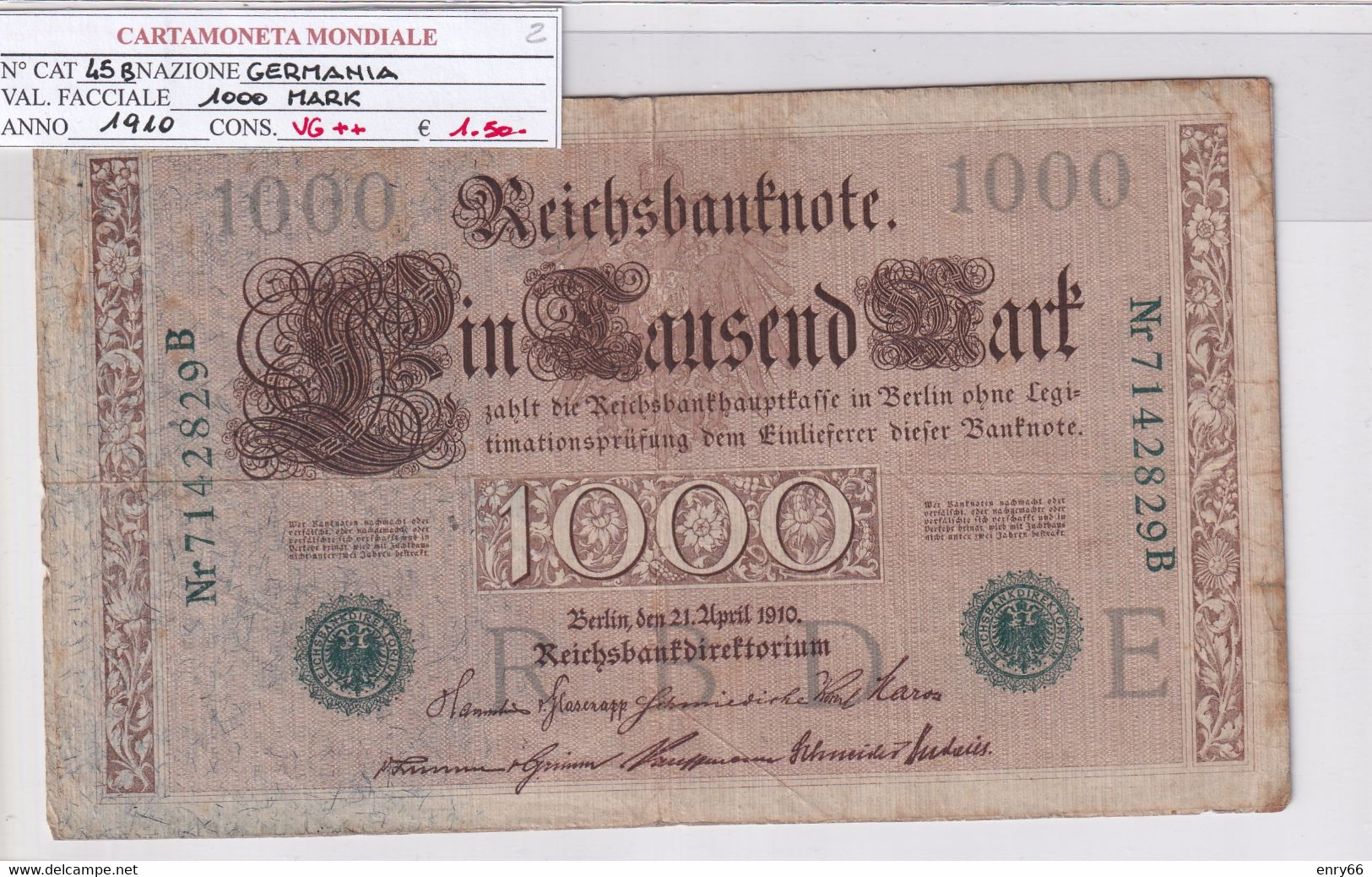 GERMANIA IMPERO 1000 MARK 1910 P 45B - 1000 Mark