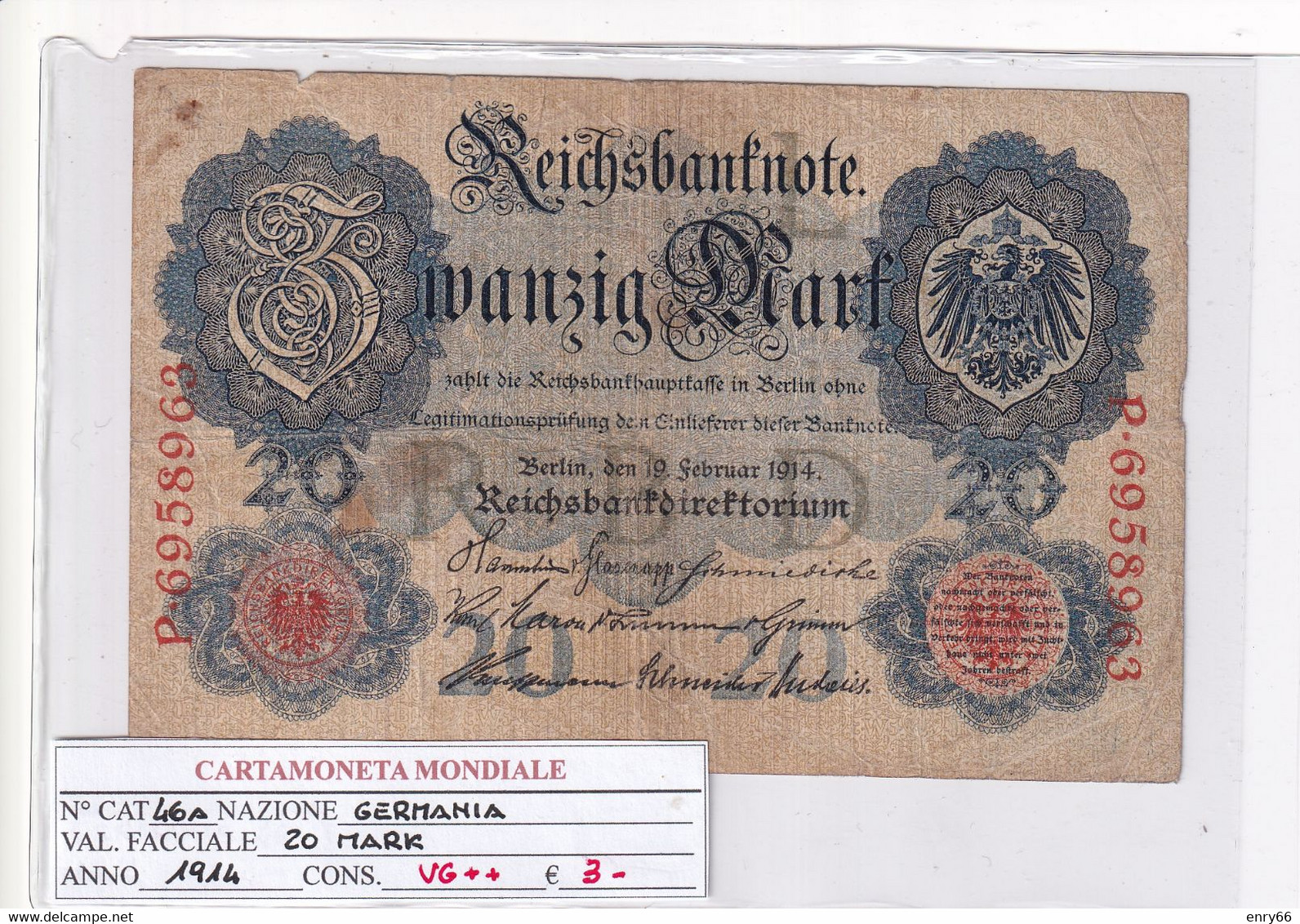 GERMANIA IMPERO 20 MARK 1914 P 46A - 20 Mark