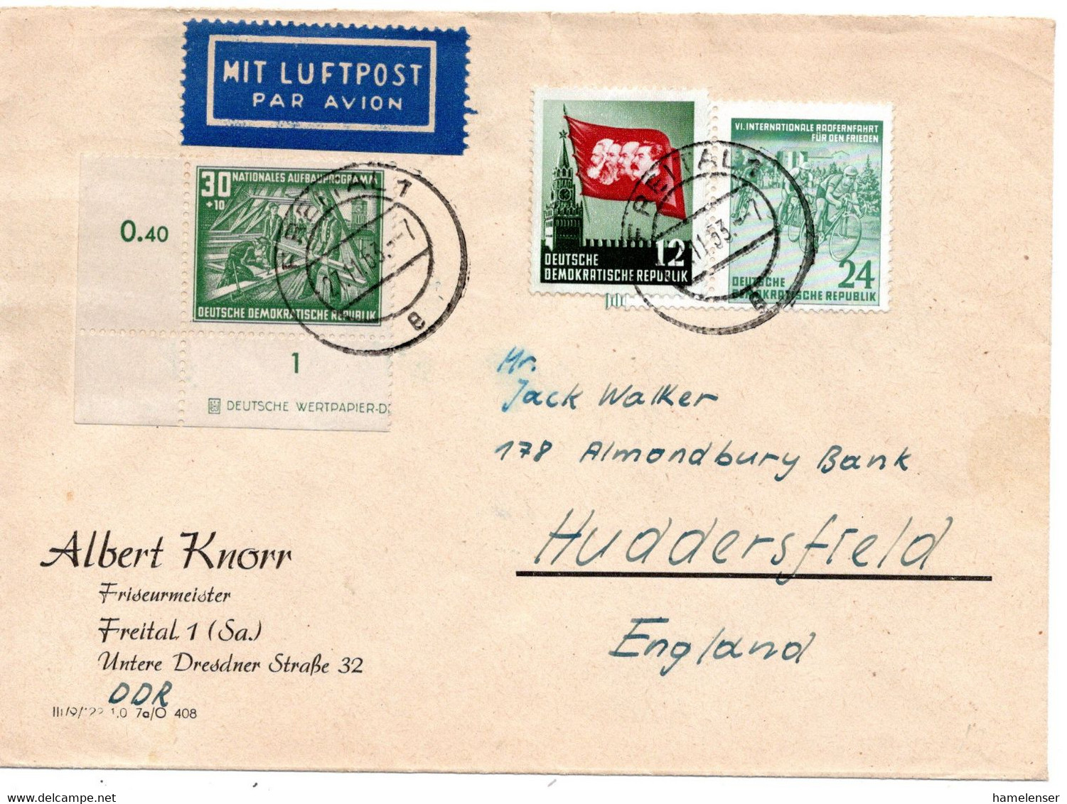 62768 - DDR - 1953 - 30Pfg Aufbauprogramm MiF A LpBf FREITAL -> Grossbritannien - Lettres & Documents