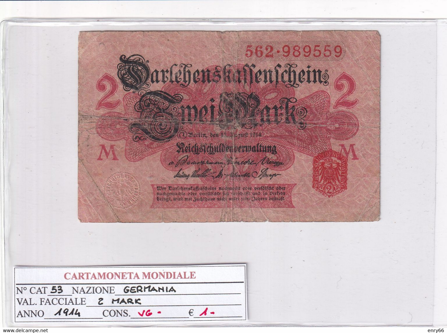 GERMANIA IMPERO 2 MARK 1914 P 53 - Autres & Non Classés