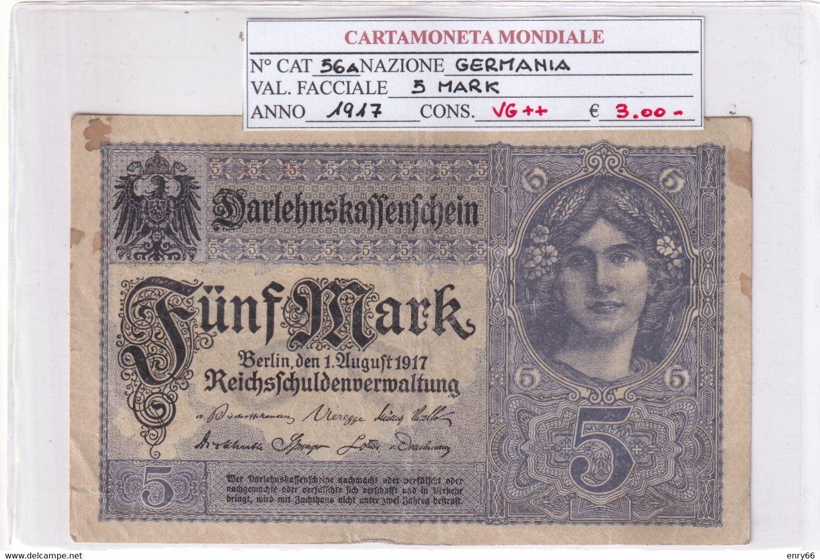 GERMANIA IMPERO 5 MARK 1917 P 56A - 5 Mark