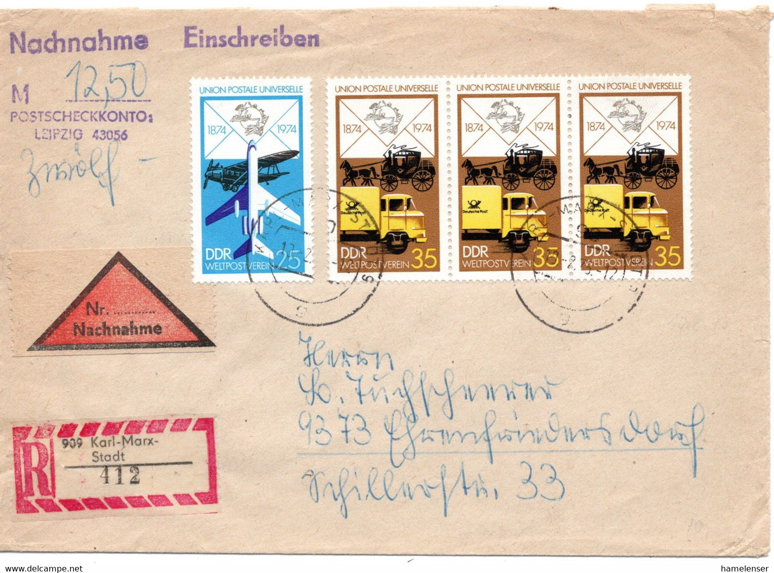 62771 - DDR - 1975 - 3@35Pfg UPU MiF A R-NN-Bf KARL-MARX-STADT -> Ehrenfriedersdorf - Cartas & Documentos