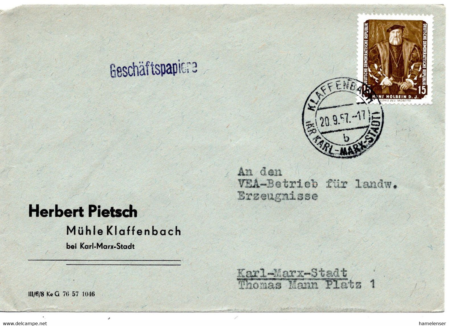 62772 - DDR - 1957 - 15Pfg Gemaelde EF A GeschBf KLAFFENBACH -> Karl-Murx-Stadt - Sonstige & Ohne Zuordnung