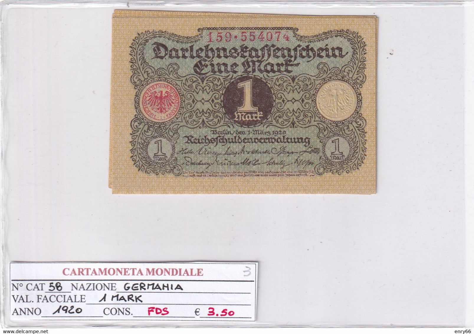 GERMANIA WEIMAR 1 MARK 1920 P 58 - 1 Mark