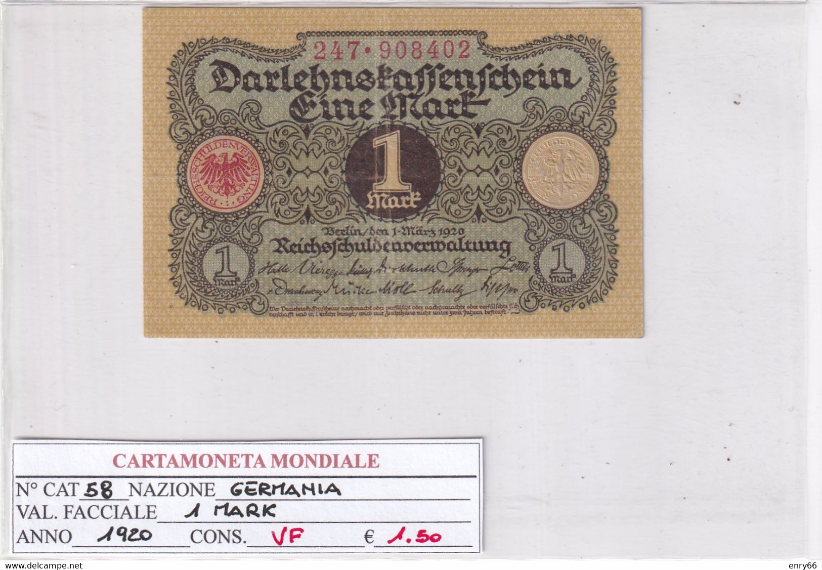 GERMANIA WEIMAR 1 MARK 1920 P 58 - 1 Mark