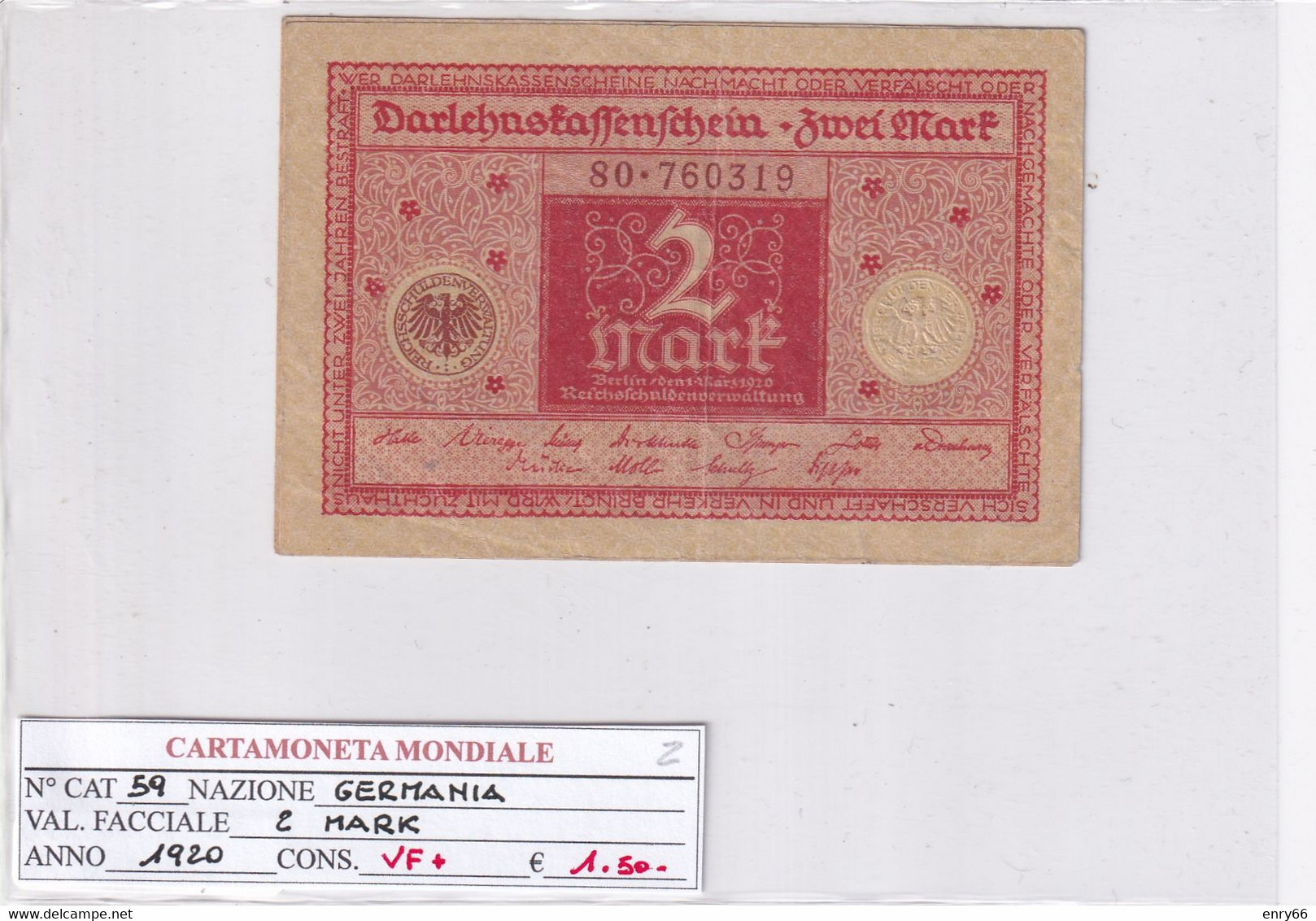 GERMANIA WEIMAR 2 MARK 1920 P 59 - 2 Mark