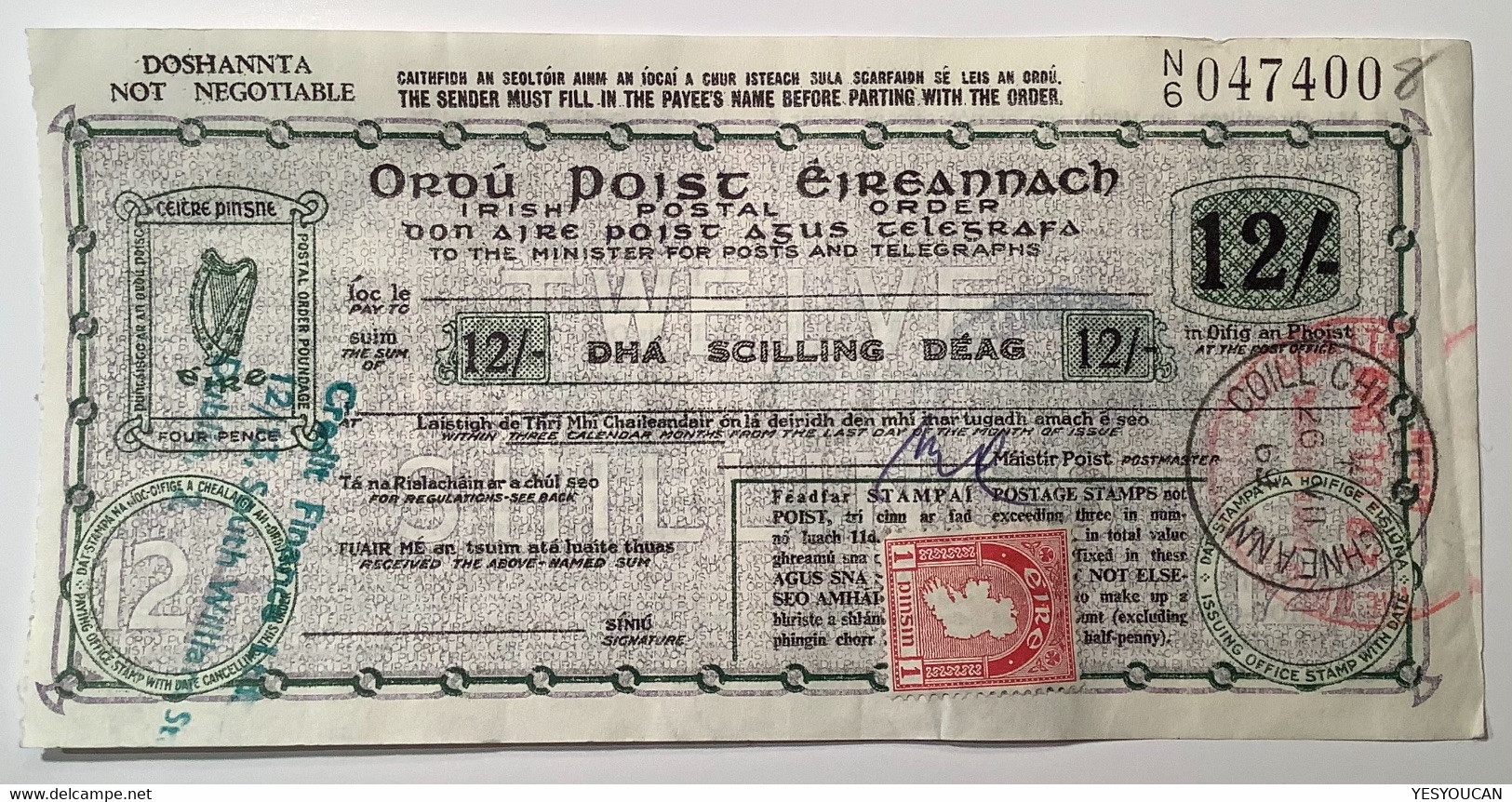 Ireland RARE "Irish Postal Order" 12s 1969 COILL CHILLEMAIGHNEANN  (postal Note Stationery Money Irlande Irland Bon - Postwaardestukken
