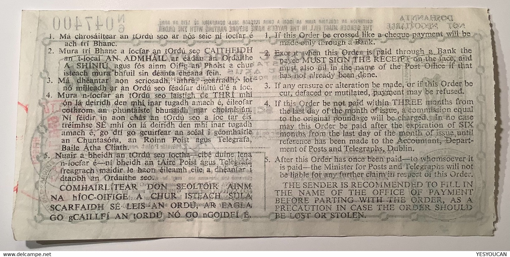 Ireland RARE "Irish Postal Order" 12s 1969 COILL CHILLEMAIGHNEANN  (postal Note Stationery Money Irlande Irland Bon - Interi Postali