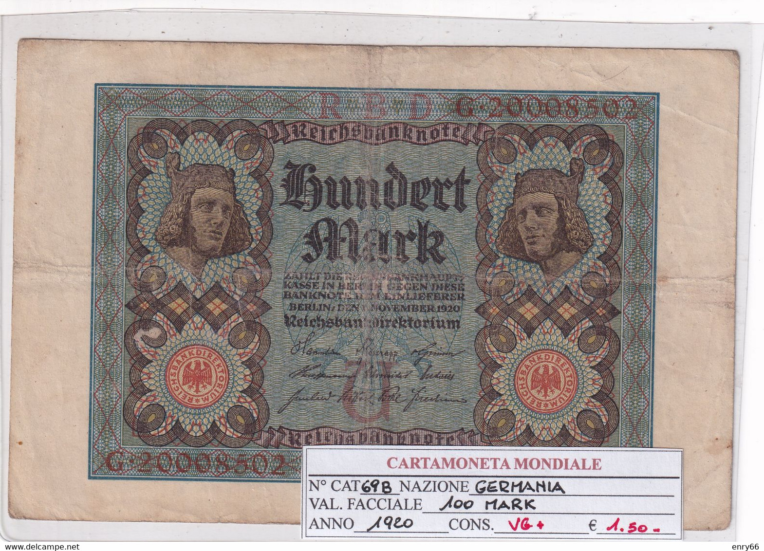 GERMANIA WEIMAR 100 MARK 1920 P 69B - 100 Mark