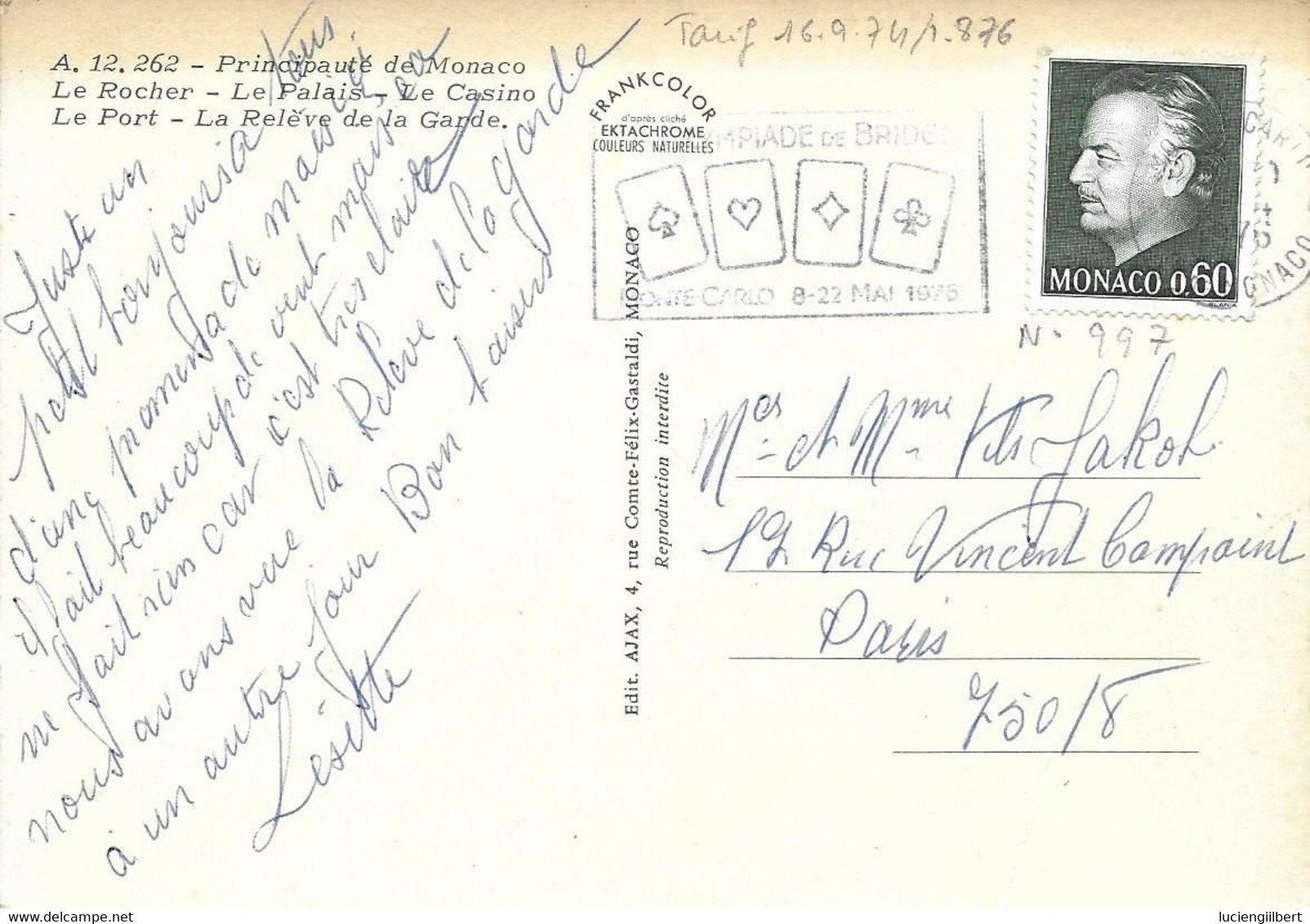 MONACO  - TIMBRE N° 997-   PRINCE RAINIER III   - TARIF 16 09 74 -  FLAMME OLYMPIADE DE BRIDGE  - 8 22 MAI 1875 - 1976 - Covers & Documents