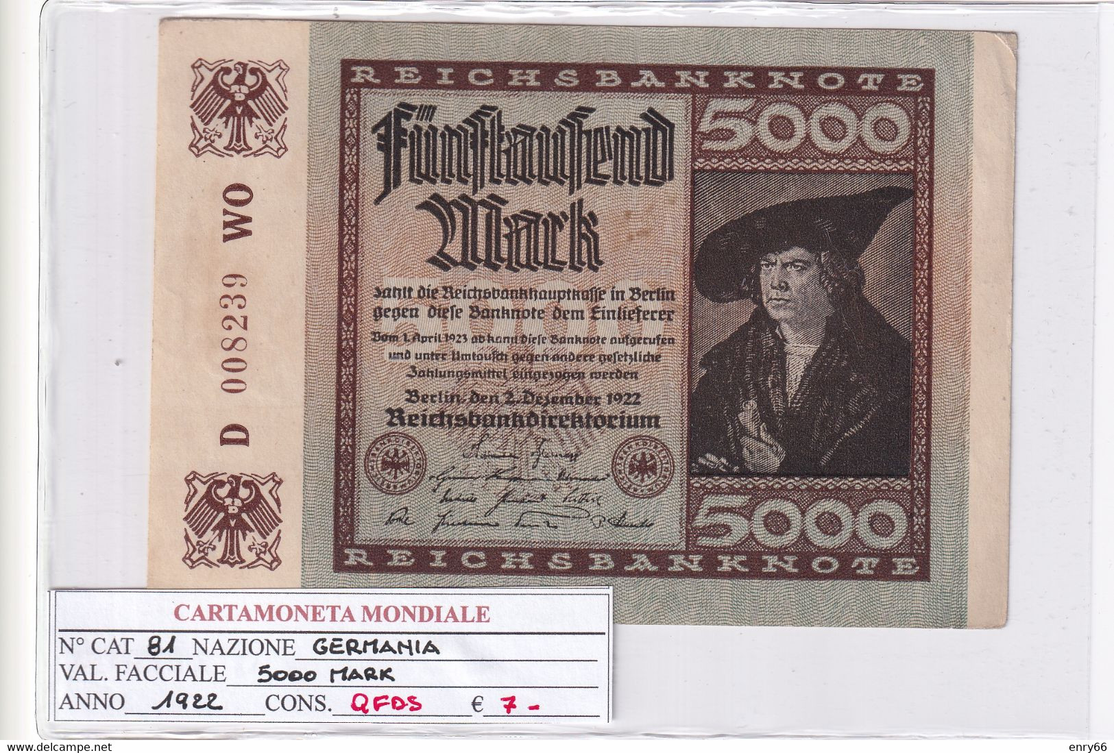 GERMANIA WEIMAR 5000 MARK 1922 P 81 - 5000 Mark