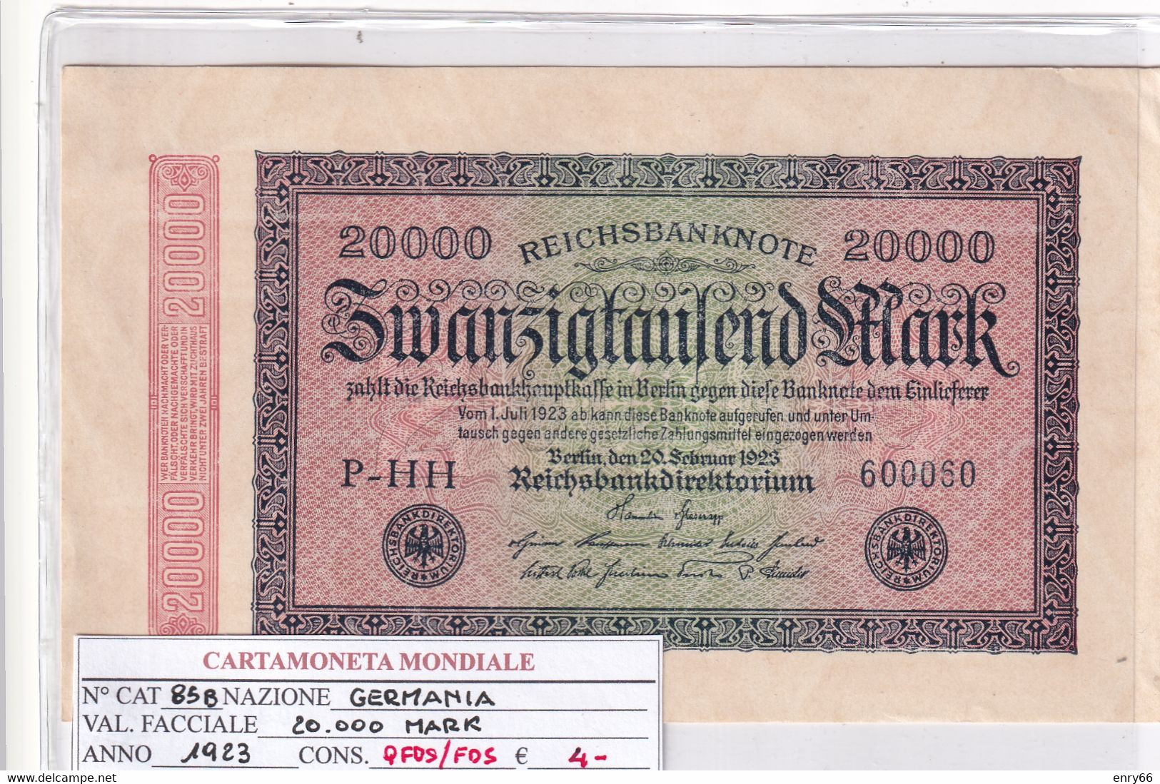 GERMANIA WEIMAR 20'000 MARK 1923 P 85B - 20000 Mark