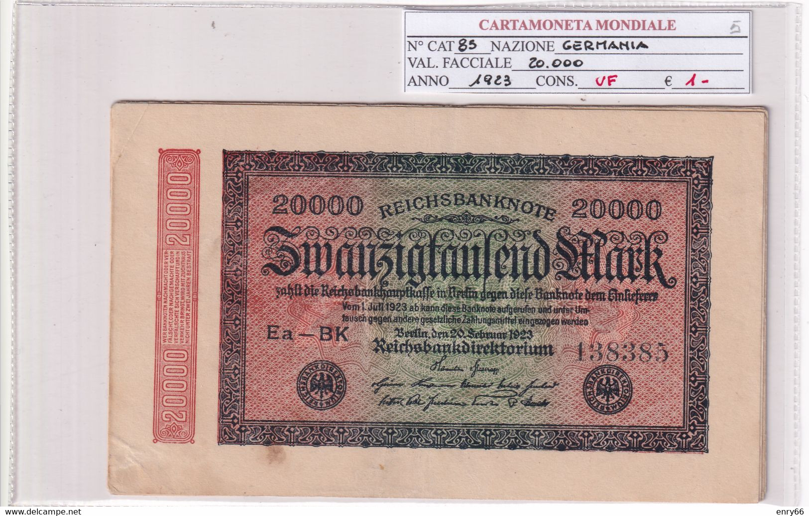 GERMANIA WEIMAR 20'000 MARK 1923 P 85 - 20000 Mark