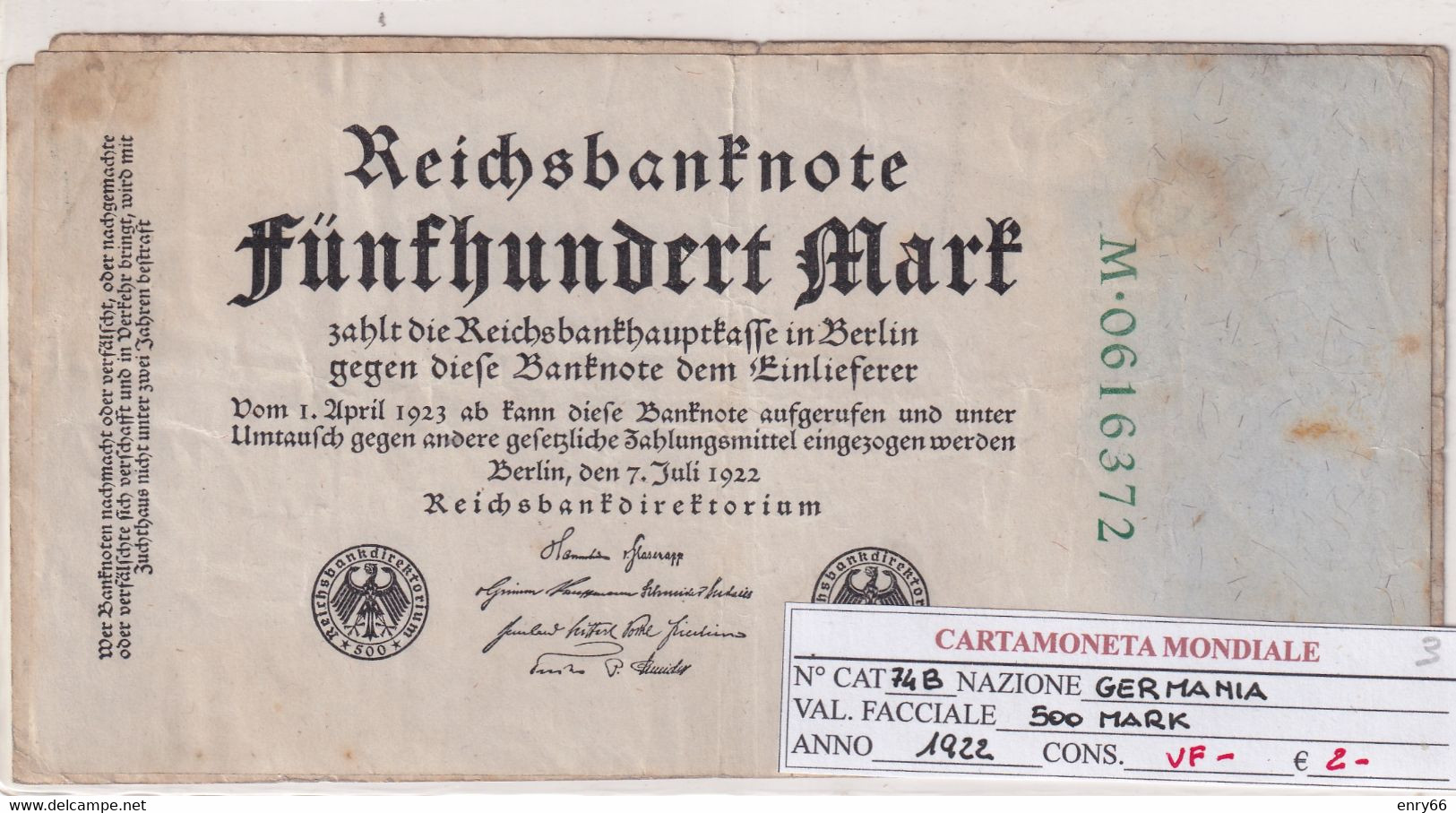 GERMANIA WEIMAR 500 MARK 1922 P 74B - 500 Mark