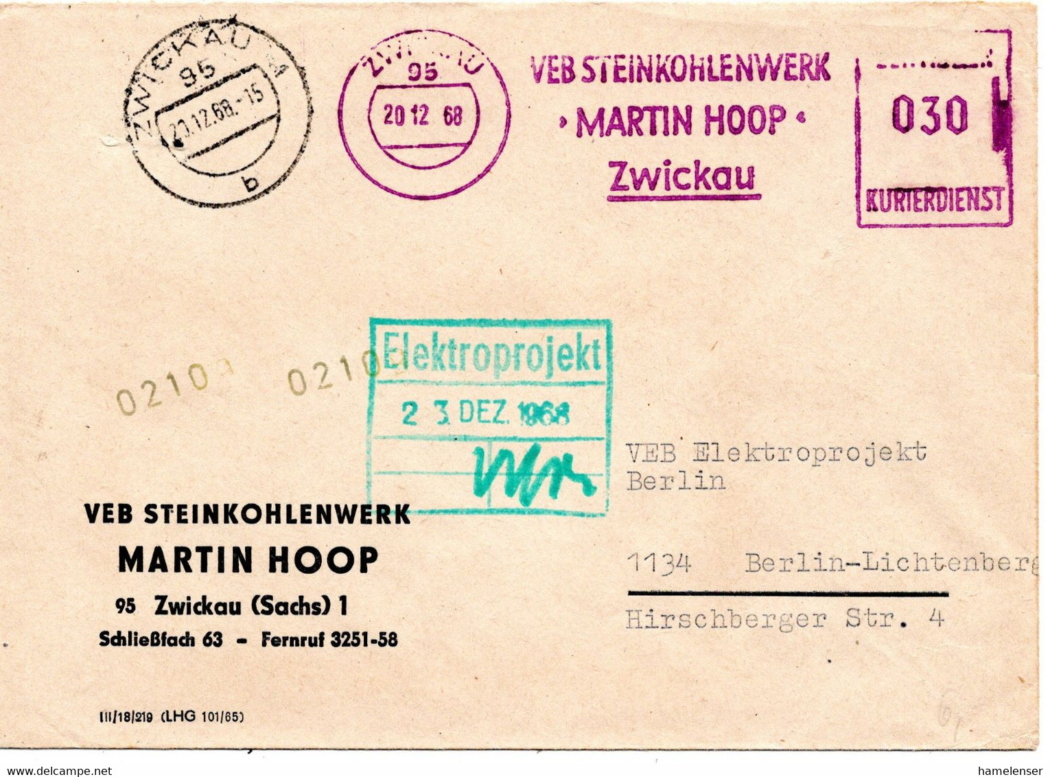 62784 - DDR / ZKD - 1968 - 30Pfg AbsFreistpl "Steinkohlenwerk ・Martin Hoop・" A ZKD-Bf ZWICKAU -> BERLIN - Sonstige & Ohne Zuordnung