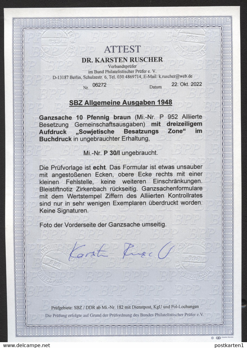 SBZ Postkarte P30I AUFDRUCK Auf P952 Postfrisch 1948 ATTEST RUSCHER 2022 - Interi Postali