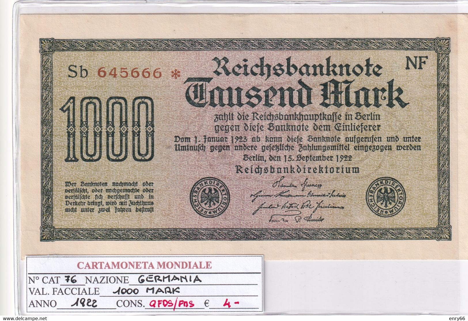 GERMANIA WEIMAR 1'000 MARK 1922 P 76 - 1000 Mark
