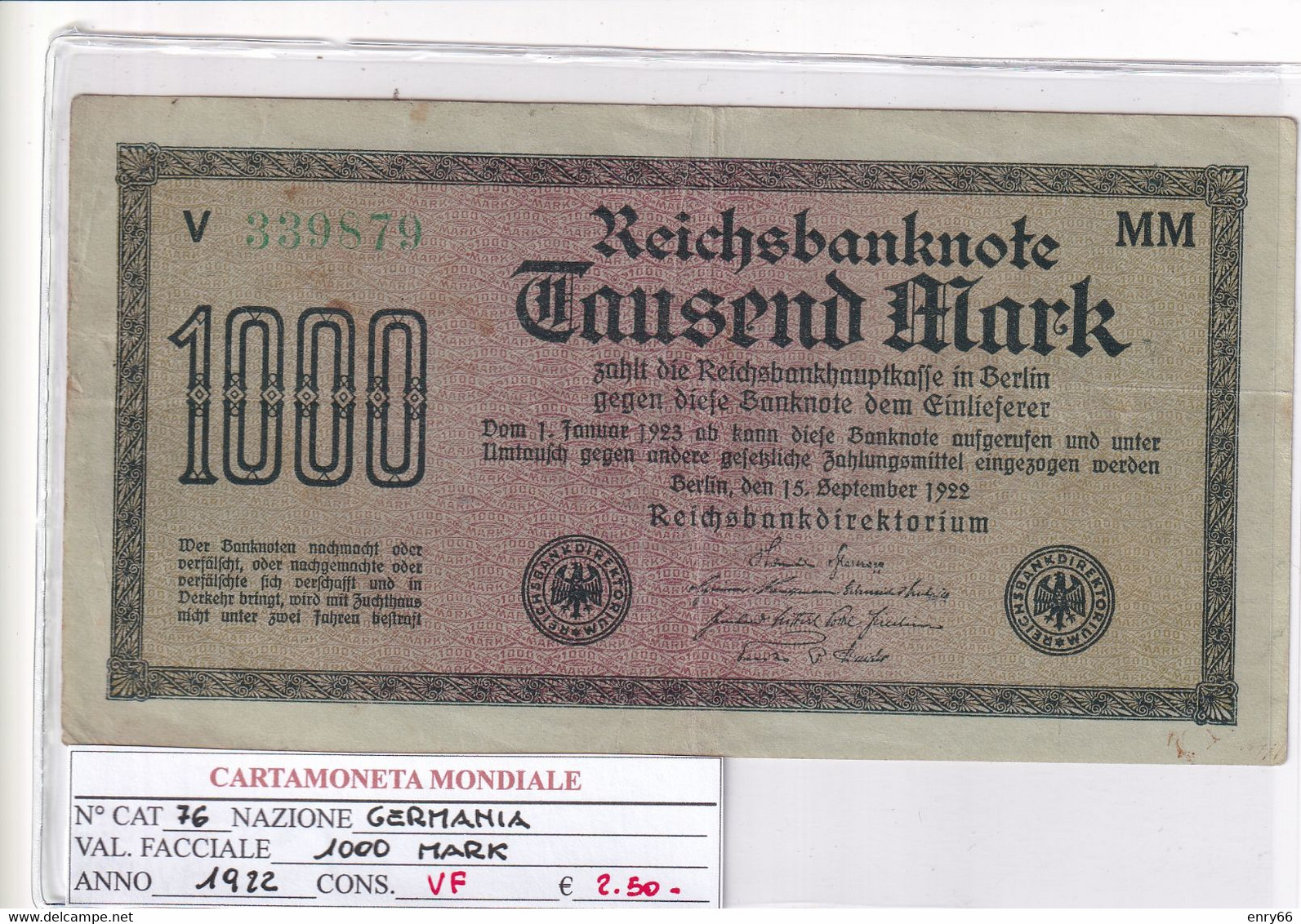 GERMANIA WEIMAR 1'000 MARK 1922 P 76 - 1000 Mark