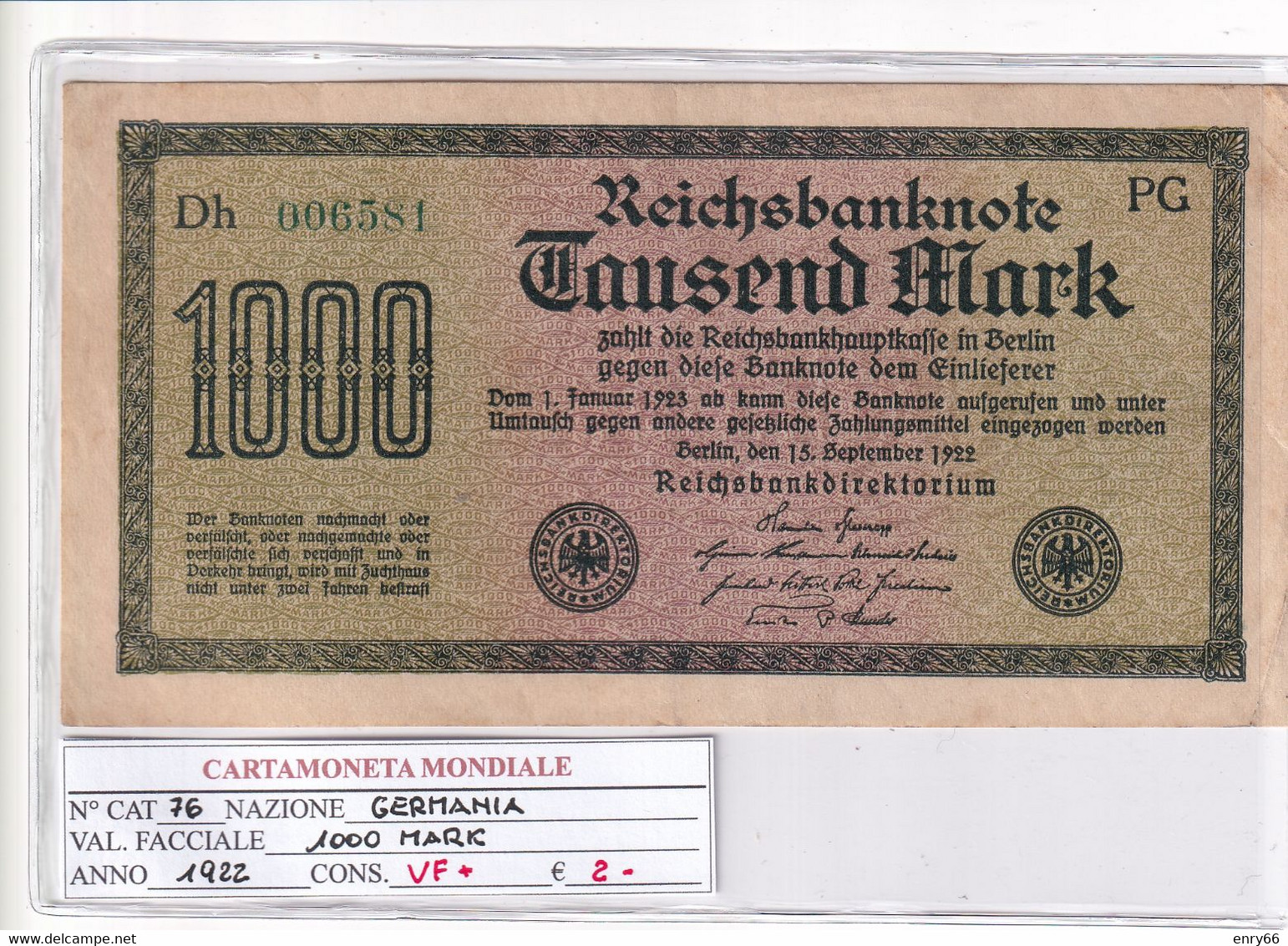 GERMANIA WEIMAR 1'000 MARK 1922 P 76 - 1000 Mark