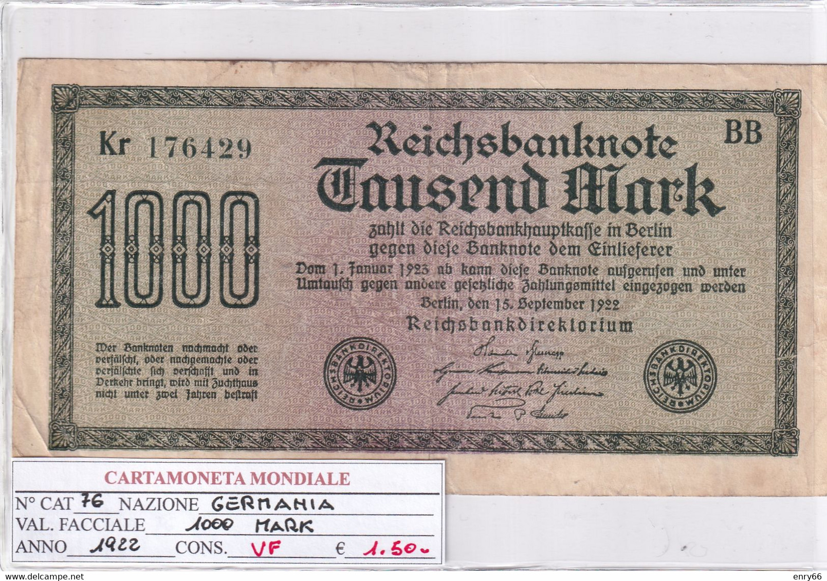 GERMANIA WEIMAR 1'000 MARK 1922 P 76 - 1000 Mark