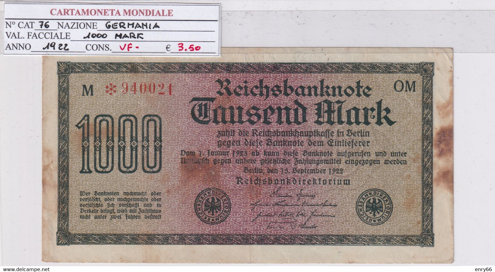 GERMANIA WEIMAR 1'000 MARK 1922 P 76 - 1000 Mark