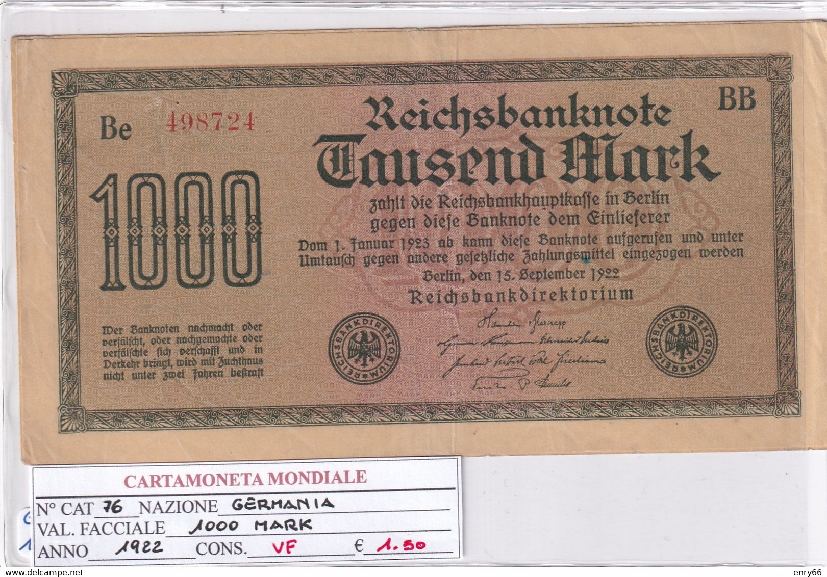 GERMANIA WEIMAR 1'000 MARK 1922 P 76 - 1000 Mark