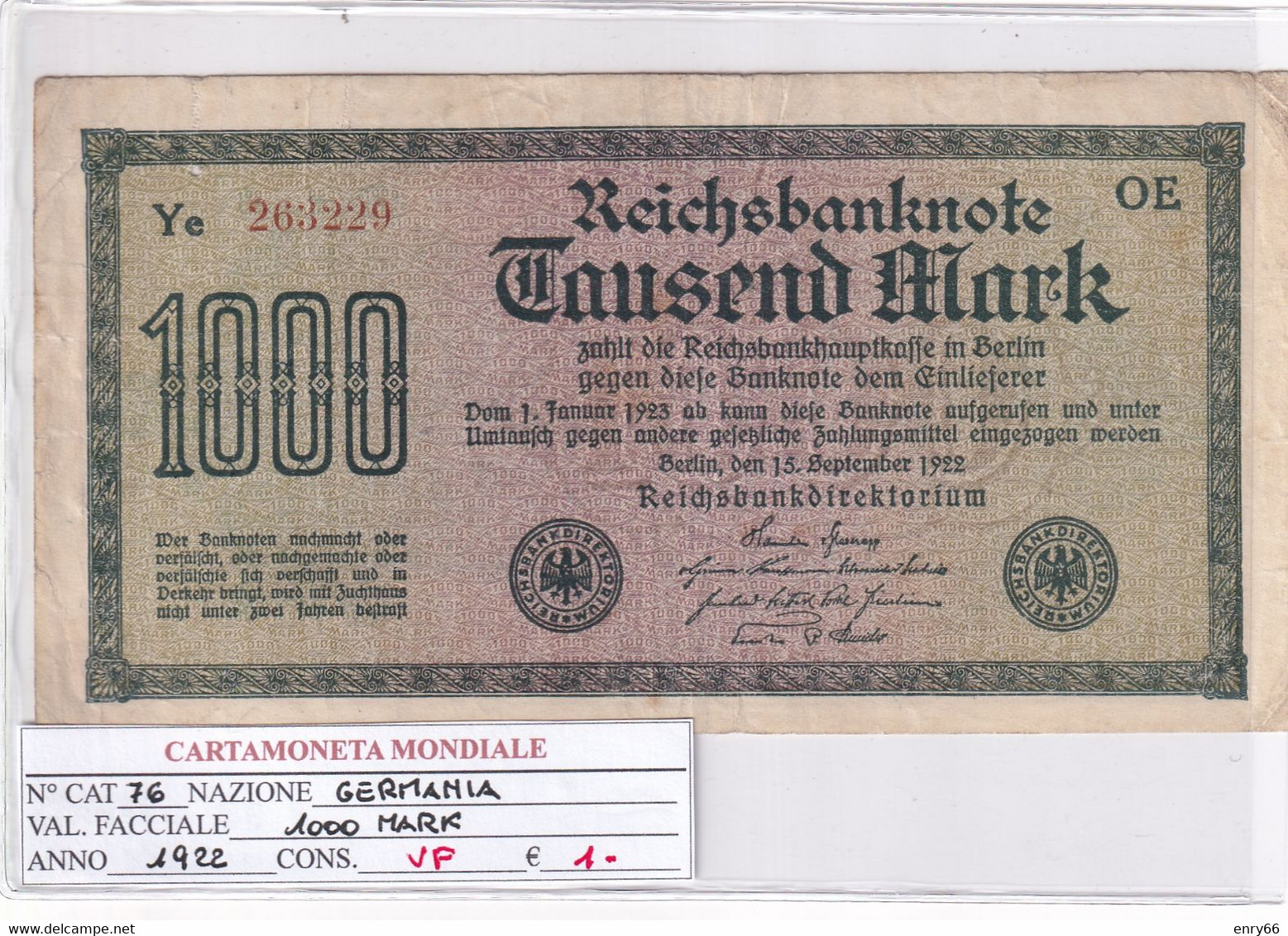 GERMANIA WEIMAR 1'000 MARK 1922 P 76 - 1000 Mark