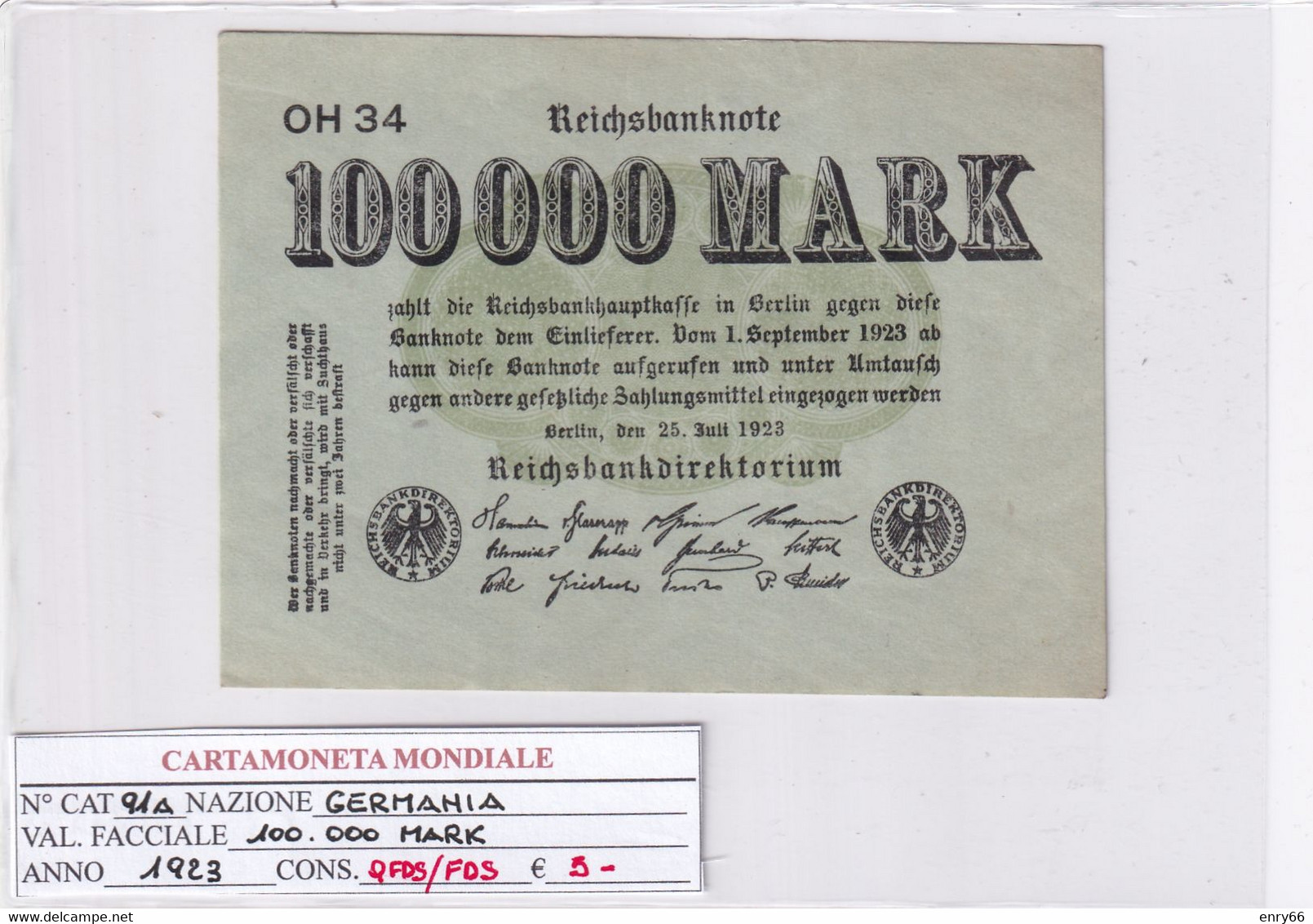 GERMANIA WEIMAR 100'000 MARK 1923 P 91A - 100000 Mark