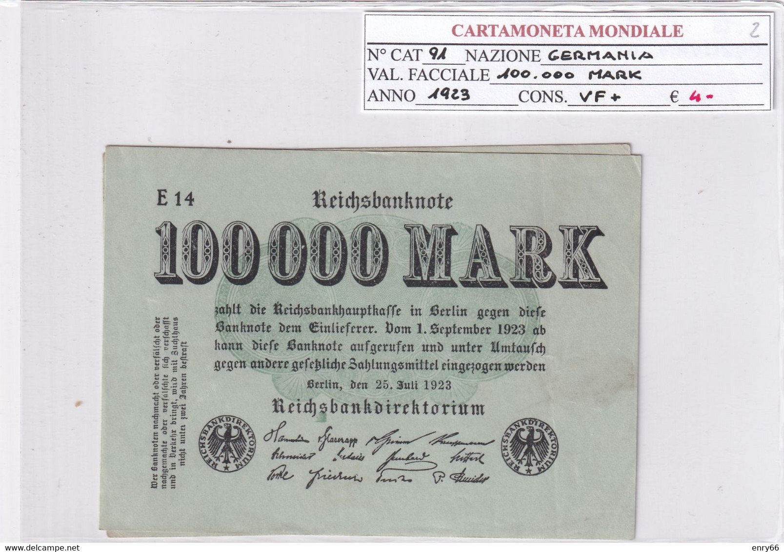 GERMANIA WEIMAR 100'000 MARK 1923 P 91 - 100000 Mark